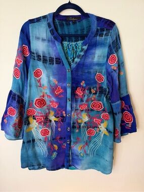 Caleaar Blue purple Floral tie dye boho Embroidered Button-Down bird size L boho